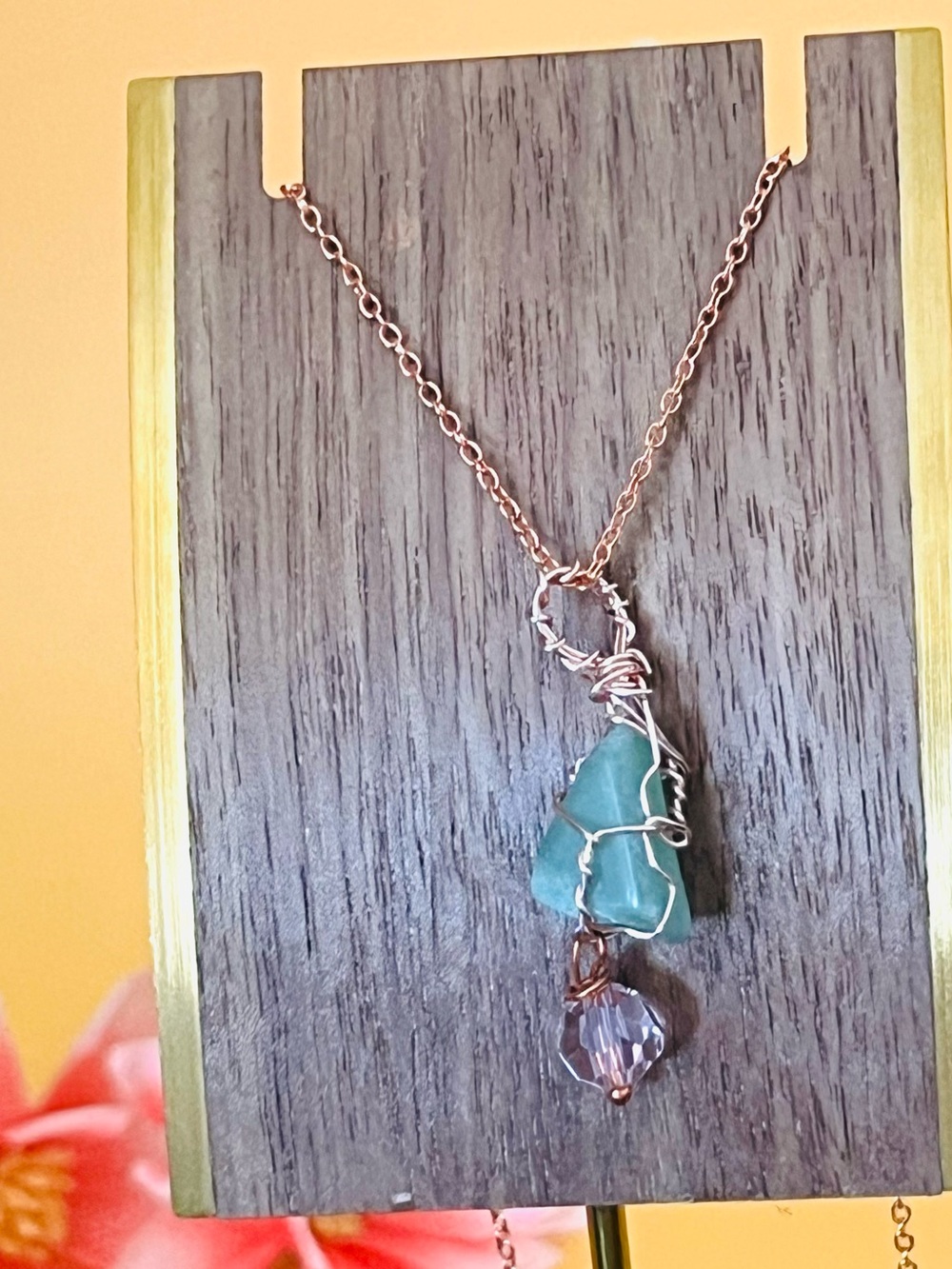 Rose gold plated wire wrapped natural green stone pendant